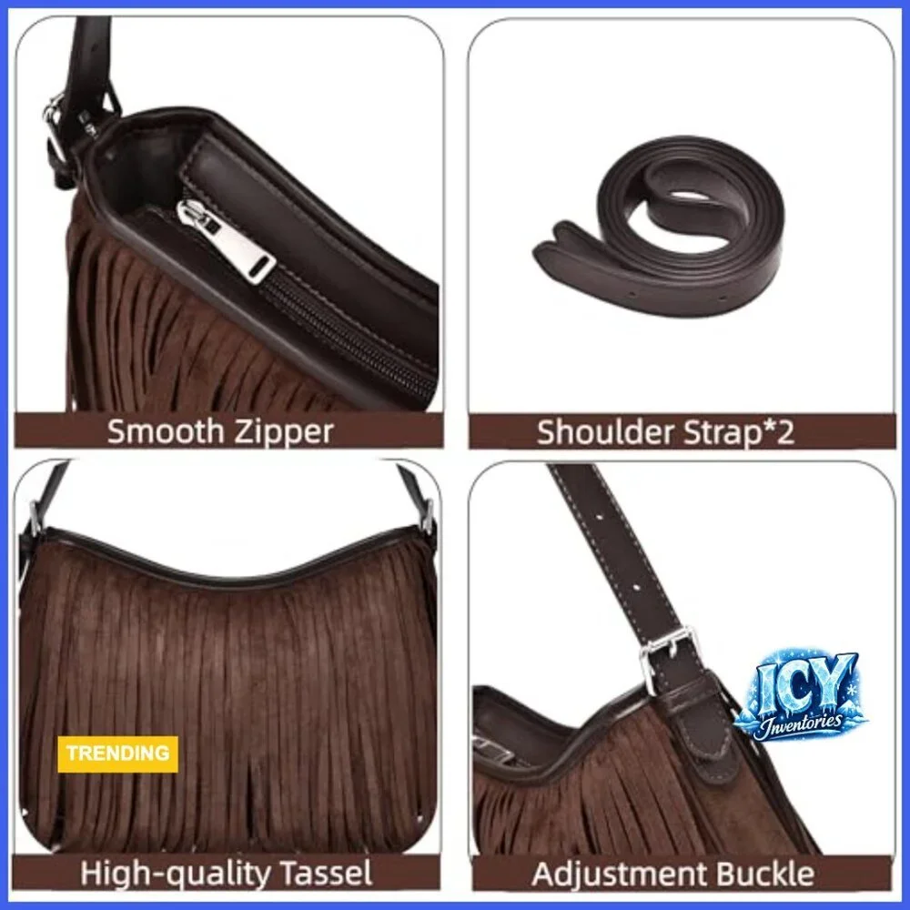 Vegan Suede Fringe Hobo Bag with Detachable Straps Crossbody Shoulder